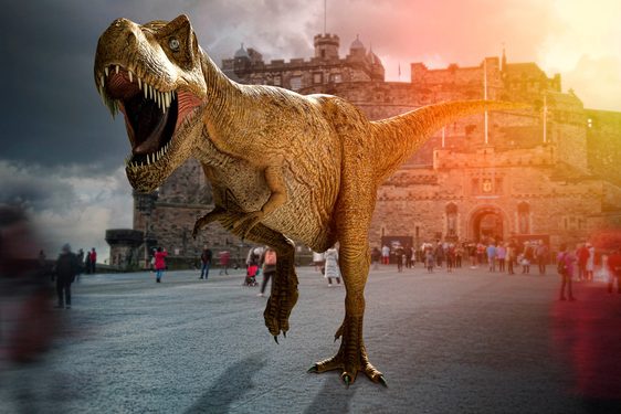 A Tyrannosaurus Rex running outside of Edinburgh Castle.