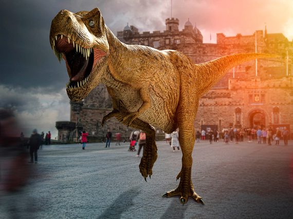 A Tyrannosaurus Rex running outside of Edinburgh Castle.
