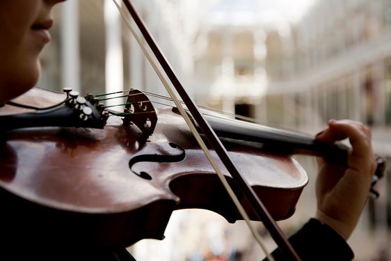 A close up of a musician playing a violin with the Grand Gallery in the background.