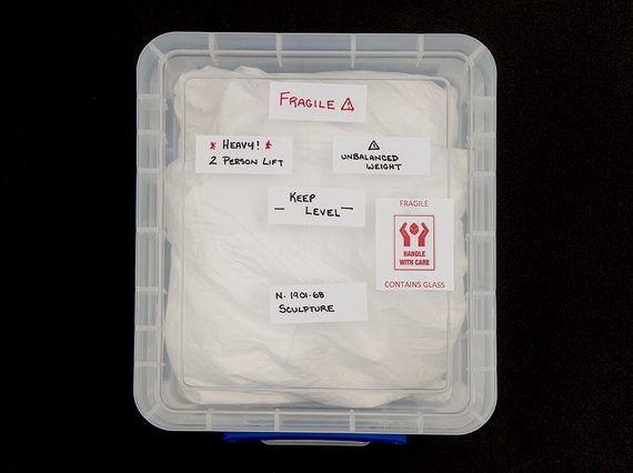 A plastic storage box holding fragile museum objects.