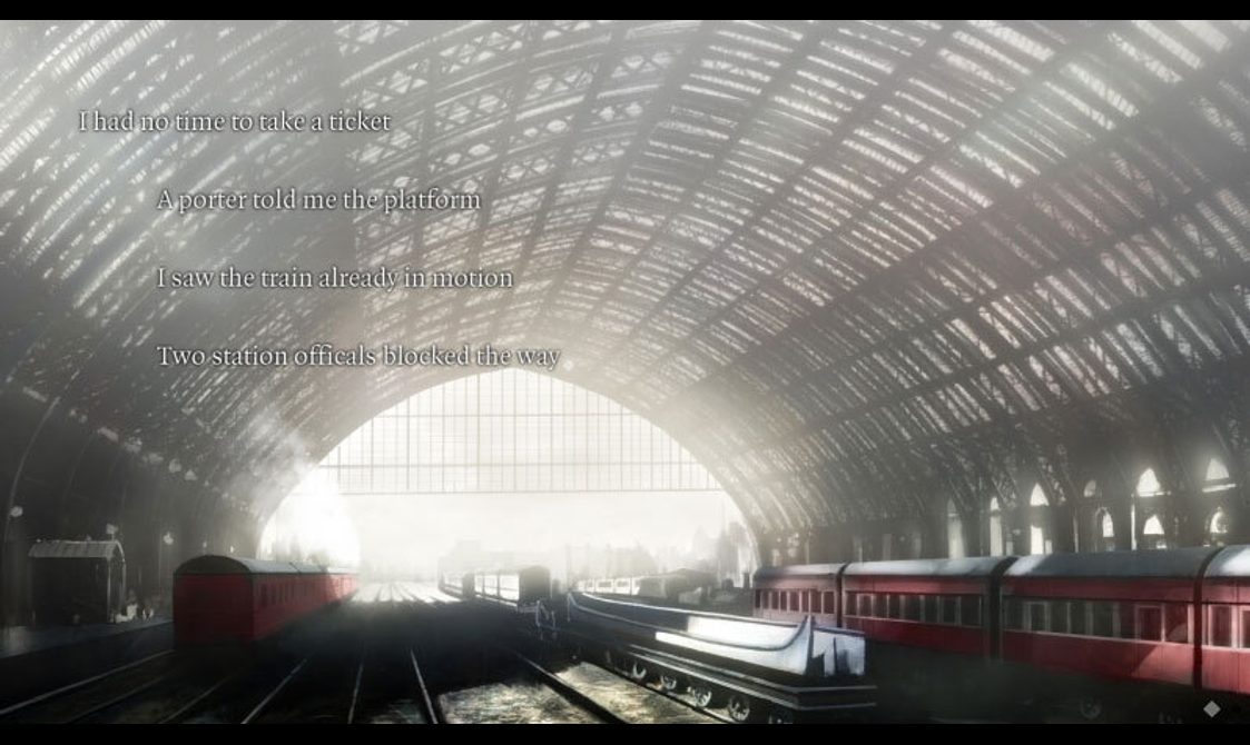 Screenshot of the videogame "The 39 Steps". The screenshot shows the inside of a train station.