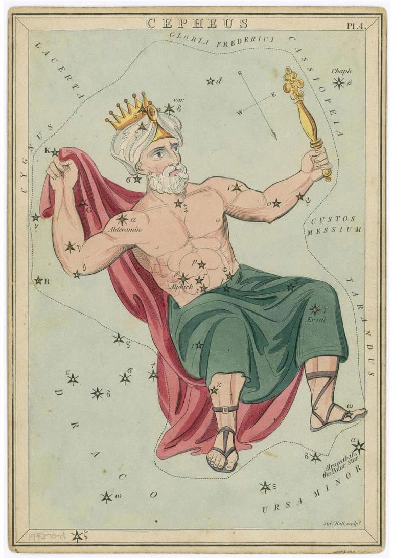Illustration of old man with crown and turban holding a sceptre representing the constellation Cepheus