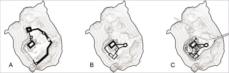3 maps of the Eilean Donan castle boundary, showing that it originally covered a larger area. By the third picture, the layout is smaller, but a bridge has been added.