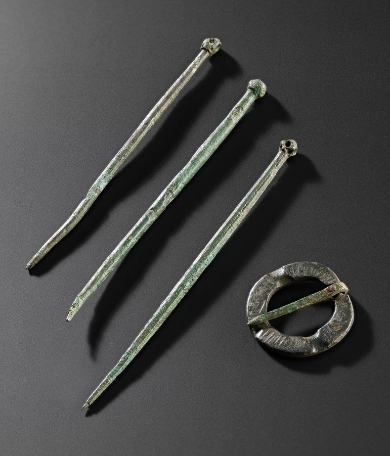 3 slightly green tinged long pins, and a silver brooch, against a black background.