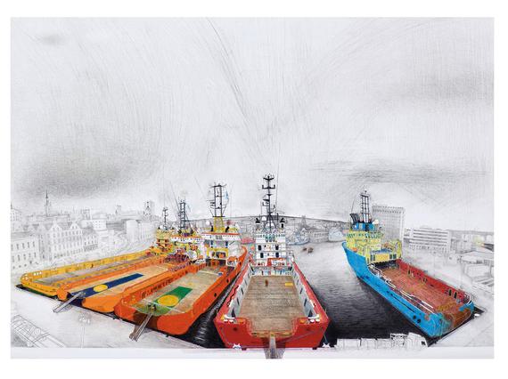 An oil painting of Aberdeen Harbour showing a row of docked oil ships.