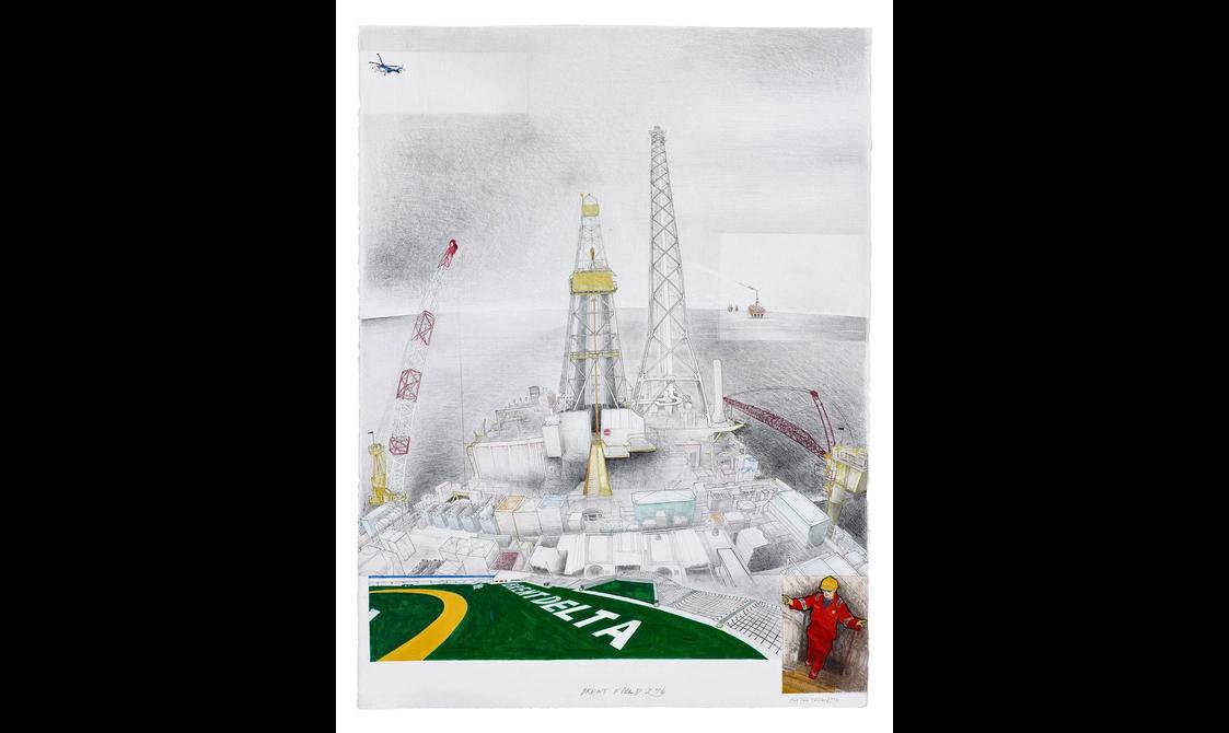 An illustration of an oil platform with several cranes.