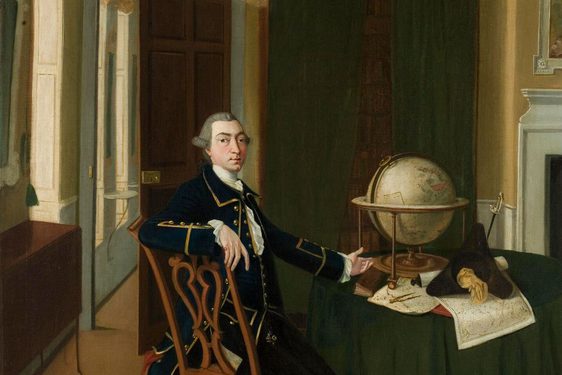 A painting of a man with grey hair wearing an admiral uniform with white stockings sitting on a chair in a drawing room beside a table strewn with papers and a globe.