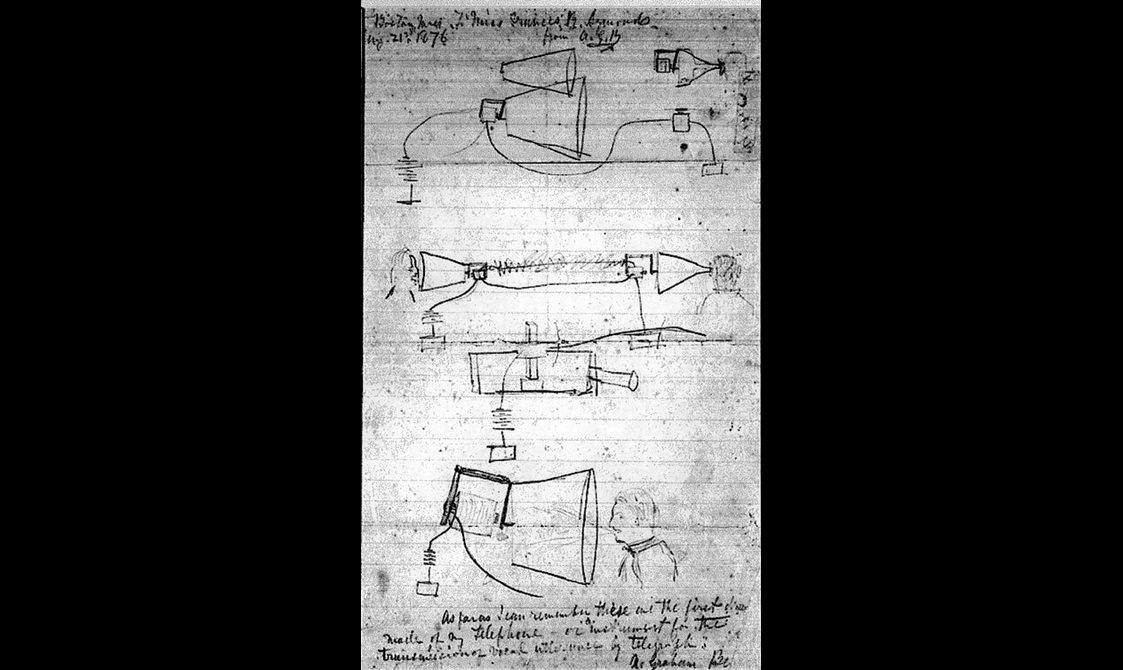 A black and white sketch of an early telephone prototype