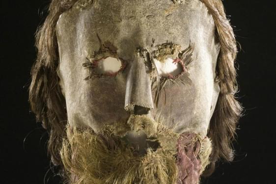 A leather mask with openings for eyes with a long brown wig and beard attached.