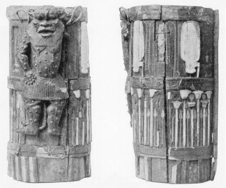 A black and white image of the front and back of a decorative cylindrical box featuring a lion-like figure.