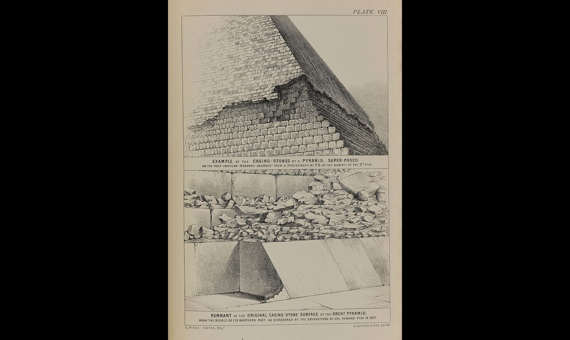 A black and white illustration of an Egyptian pyramid with outer bricks crumbling towards the bottom