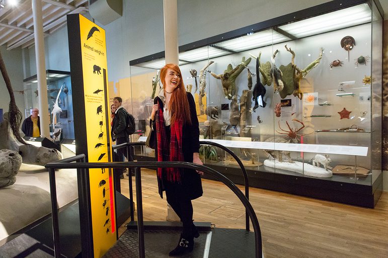 A visitor standing on a set of scales comparing their weight with the weight of different animals.