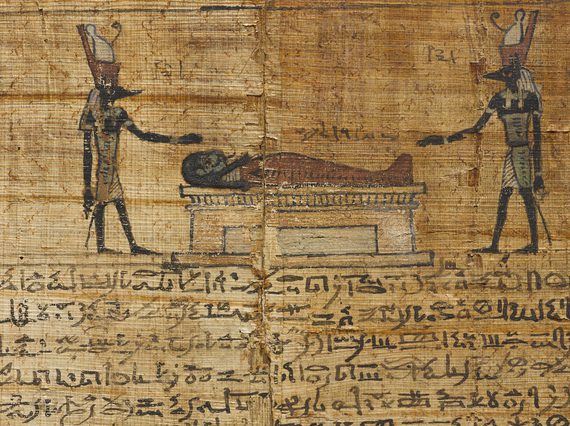 A fragment of an ancient Egyptian scroll with text and illustrations.