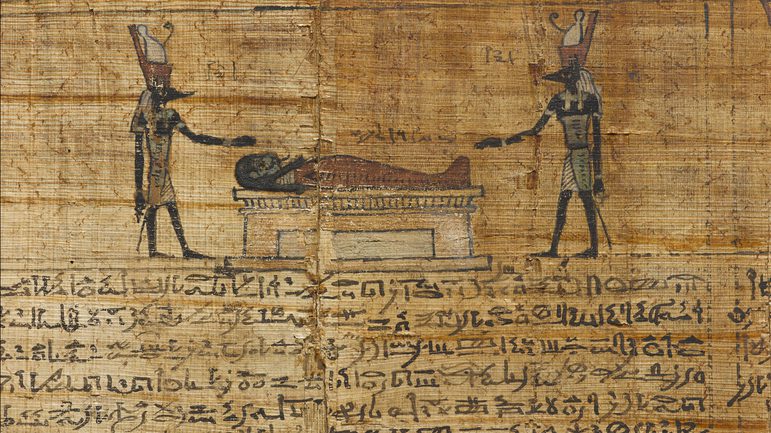 A fragment of an ancient Egyptian scroll with text and illustrations.