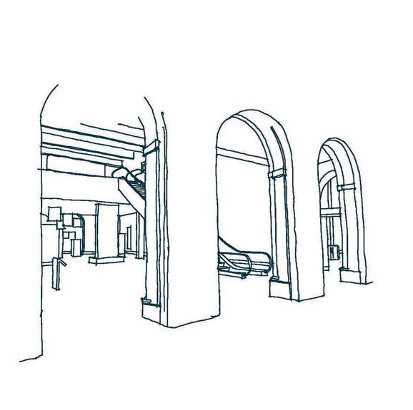 A green line illustration of three archways. Through the archways an escalator leads to an upper level.