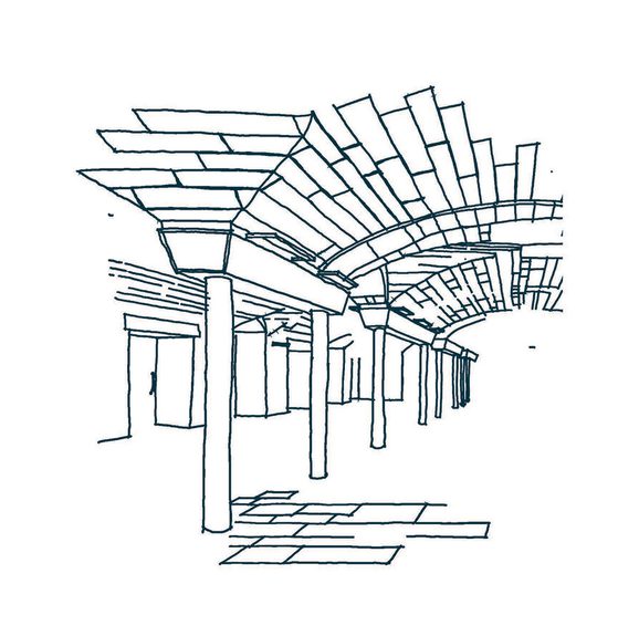 An illustration of a long room with pillars and an arched brick ceiling.