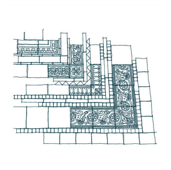 Green line drawing of intricate floor tiles.
