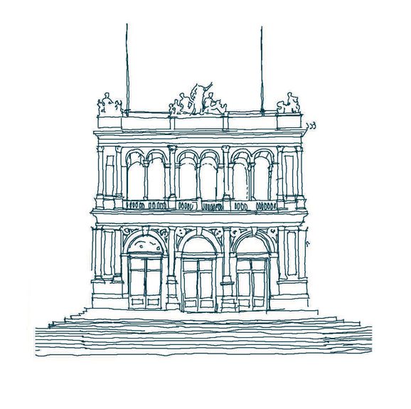 An line illustration of a grand museum entrance. The architecture is Victorian with large windows, pillars, and sculptures lining the roof.