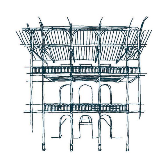 A line illustration of a two tiers of balconies supported by long pillars leading up to an arched roof. There are three archways leading off of each balcony level.