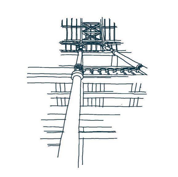 A line illustration two cast iron pillars leading up to an arched glass roof.