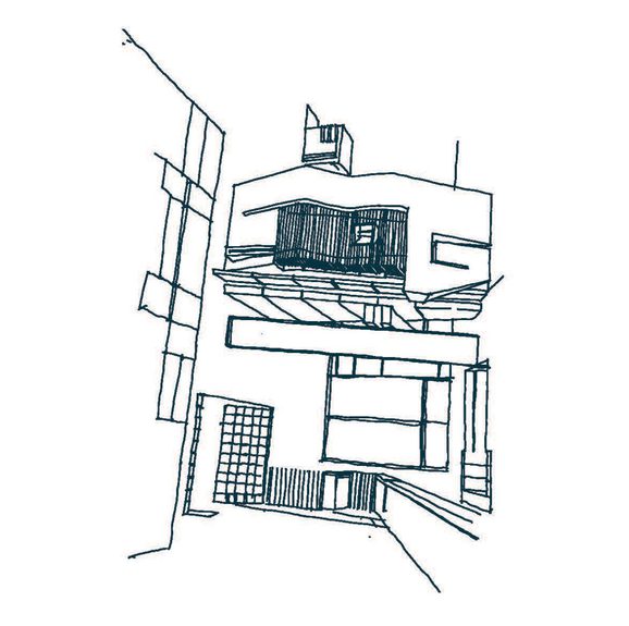 A green line illustration of a court with a walkway spanning over it.