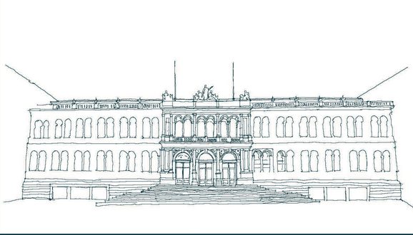 A green line illustration of a Victorian-era museum building. There are two rows of tall windows, long pillars, and sculptures on the roof.