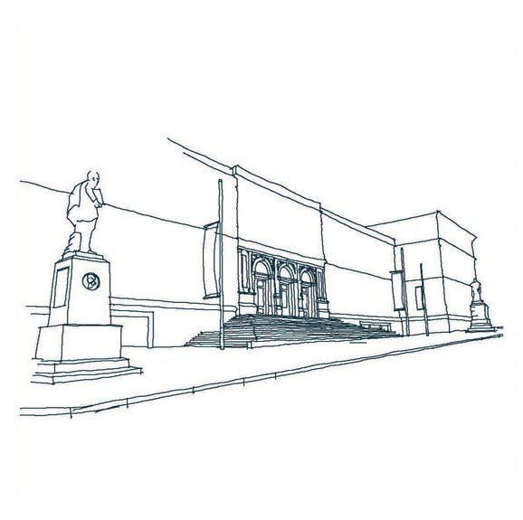 A green line illustration of a pedestrian piazza outside a large museum entrance. There are two statues of men standing on either end of the piazza.