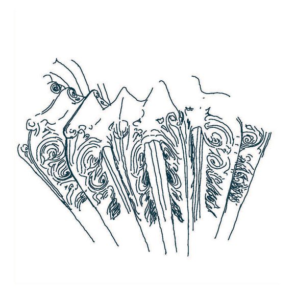 A green line illustration showing a close up section of vintage radiator with intricate designs.