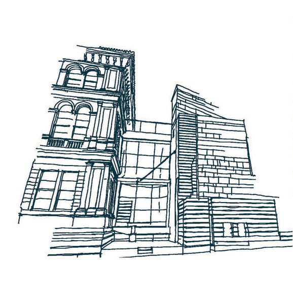 A green line illustration of an architectural join between two buildings. The building on the left is Victorian and a passageway links it to a more modern building on the right.