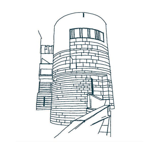 A green line illustration of cylindrical tower.
