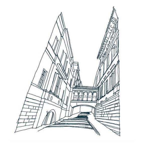 A line illustration of a Venician-style bridge linking together two large buildings. A road runs under the bridge.