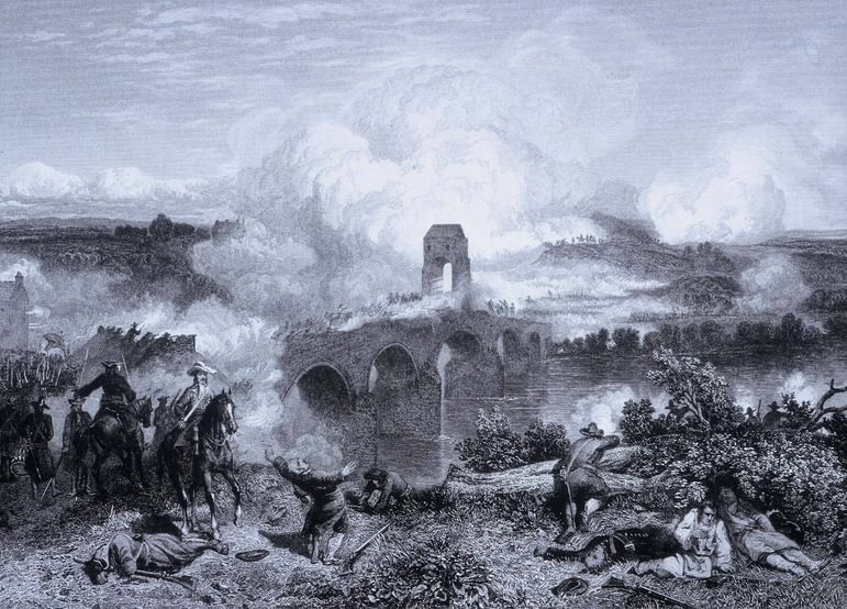 A black and white engraving depicting a battle scene by a rive with a bridge.