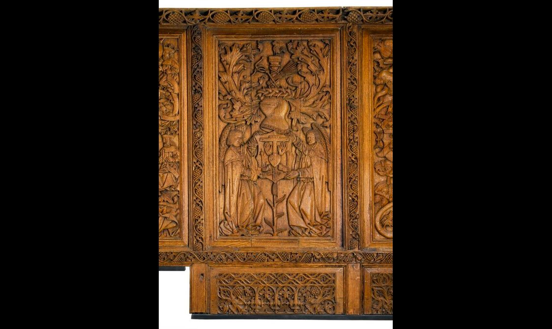 Carved oak panel depicting the Arma Christi