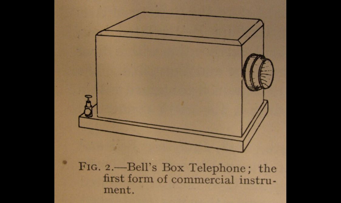 A line drawing of a box with a dial, demonstrating a box telephone