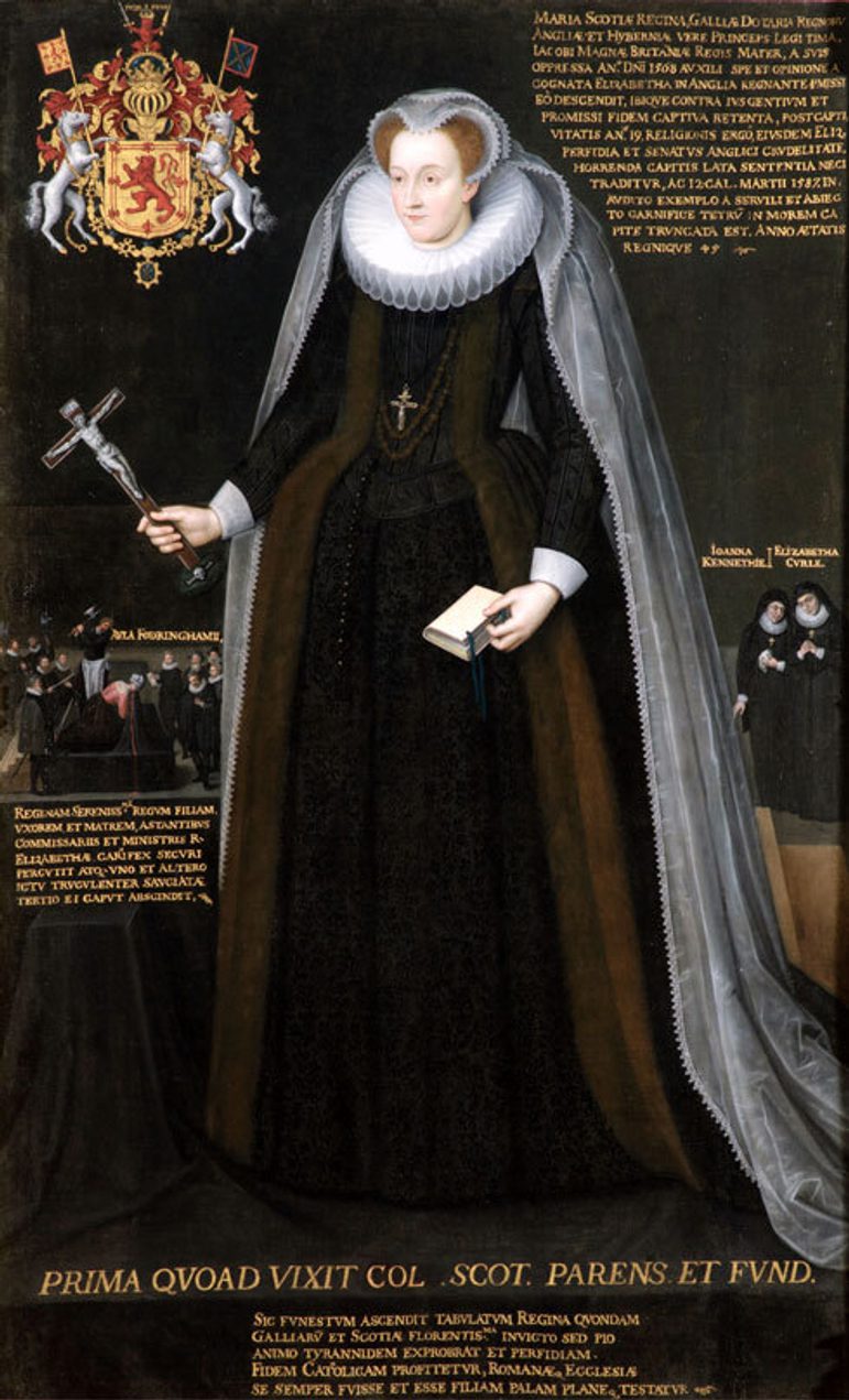 A portrait of a woman dressed in brown and black dress, white lace head piece and veil. She is holding a white book in her left hand and a cross with Christ figure in the right.