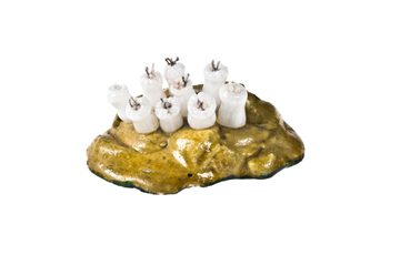 A colourful glass sculpture of yellow rock with small white tubular sea creatures