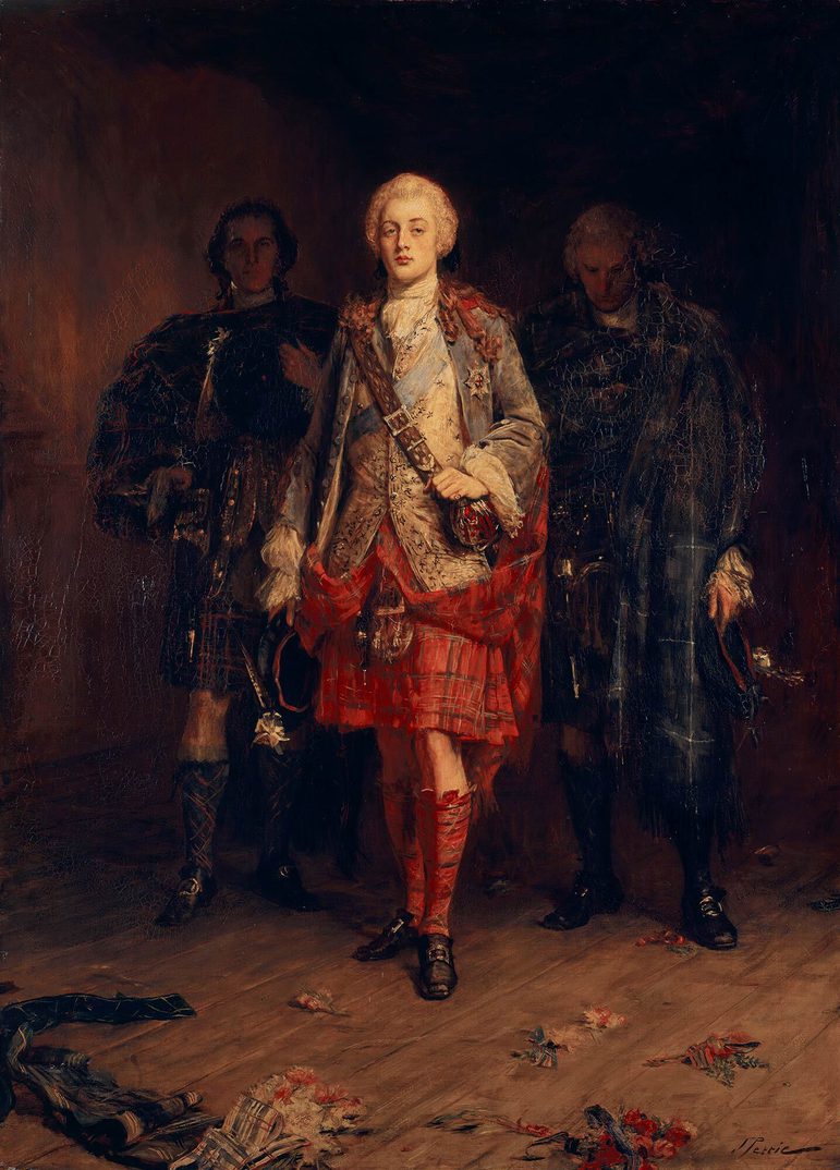 A full length portrait of three men, two men dressed in dark tartans hidden in a shadows. The center male figure wearing a white curly wig, dressed in red tartan kilt, light blue jacket and a cream waistcoat.