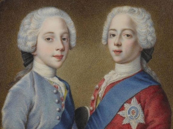 A painted portrait of two young men wearing white styled wigs and royal looking jackets in blue and red.