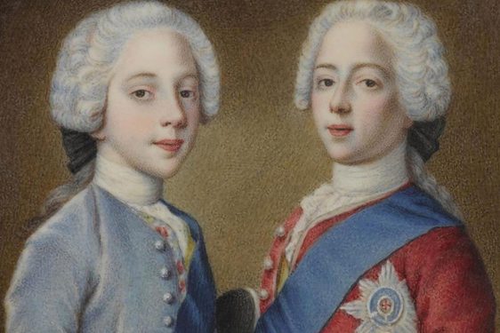 A painted portrait of two young men wearing white styled wigs and royal looking jackets in blue and red.