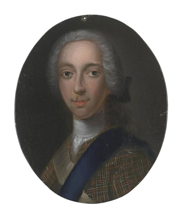 Oval portrait of a man wearing a grey wig, tartan coat with a cream ribbon over the right shoulder and a blue ribbon over the left shoulder.