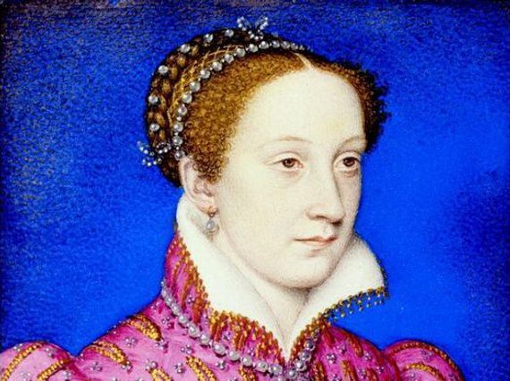 Portrait of Mary, Queen of Scots dressed in a vivid pink doublet lined with gold and pearls, looking stoically ahead against a bright blue background.