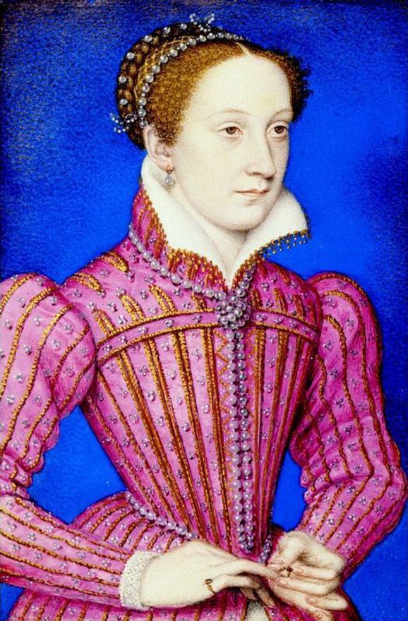 Portrait of Mary, Queen of Scots dressed in a vivid pink doublet lined with gold and pearls, looking stoically ahead against a bright blue background.