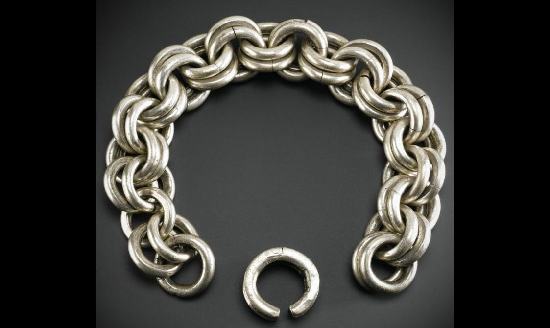 A silver chain with several linked rings.