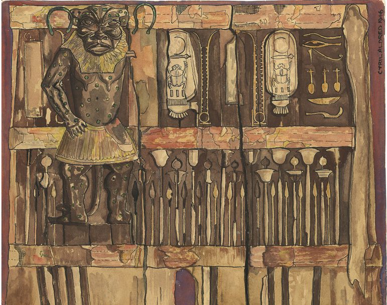 A brown, yellow, and orange drawing of a box flattened into 2D depicting a lion-like figure and hieroglyphs.