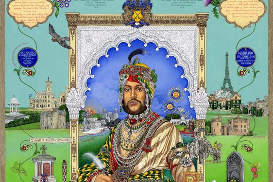 Colourful painted portrait of a man with a beard wearing a jeweled turban. He is writing a letter with a feather pen on a desk full of items. The background is a simple green ground and blue sky embellished with landmarks of different cities and other objects.