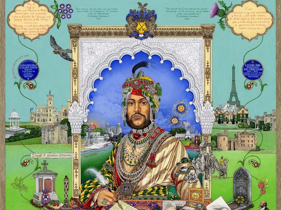 Colourful painted portrait of a man with a beard wearing a jeweled turban. He is writing a letter with a feather pen on a desk full of items. The background is a simple green ground and blue sky embellished with landmarks of different cities and other objects.