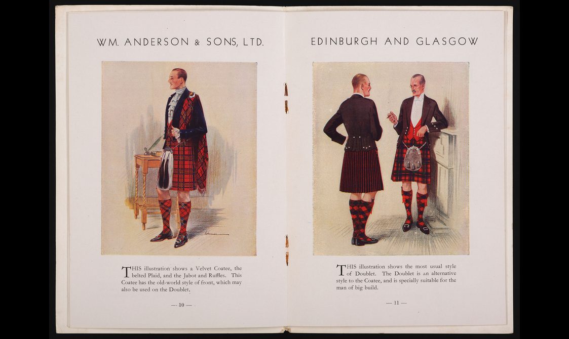 A clothing catalgoue with illustrations of men wearing formal highland dress including tartan kilts.