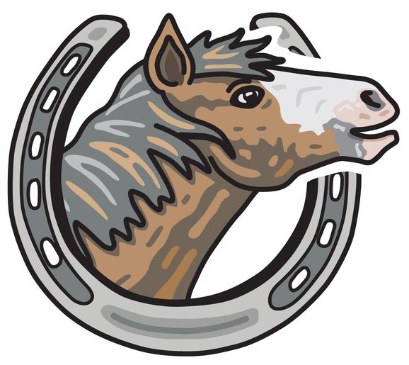 Illustration of a brown horse's head surrounded by a silver horseshoe.