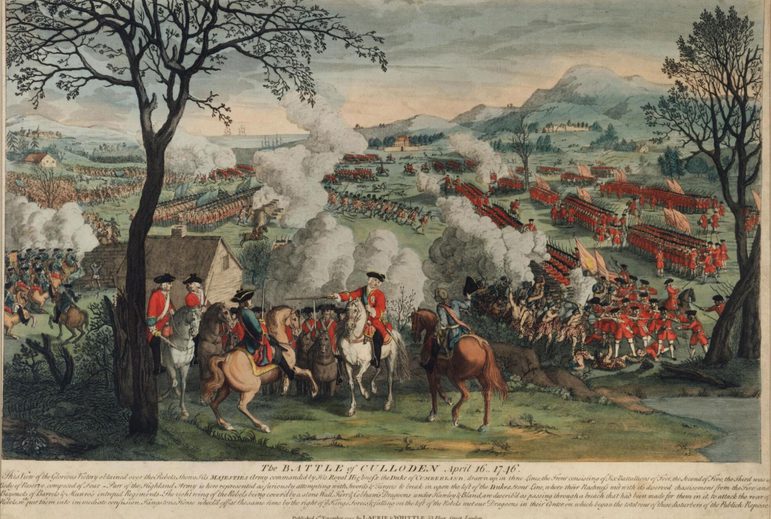 An illustration of a battle scene with rows of solders and horses with plumes of smoke in the background.