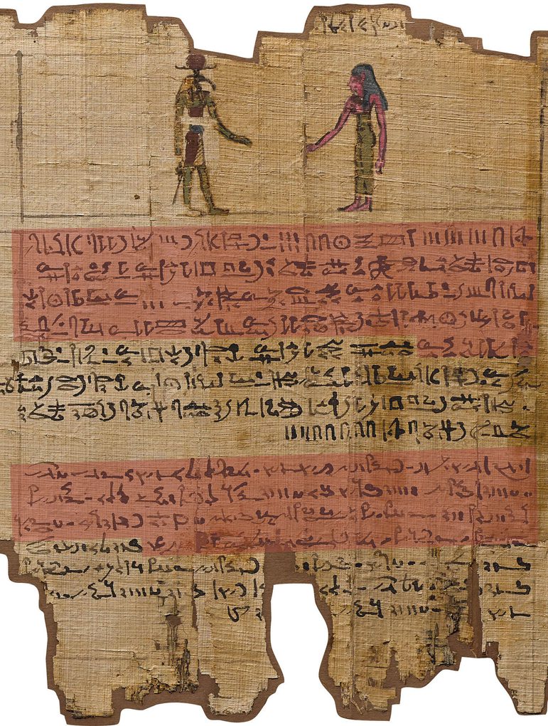 A fragment of an ancient Egyptian papyrus with an illustration of two figures and hieroglyph text.